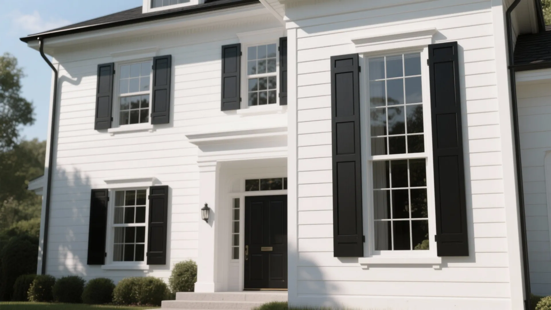 Stately white house with crisp white siding and matte black windows and doors in soft daylight.