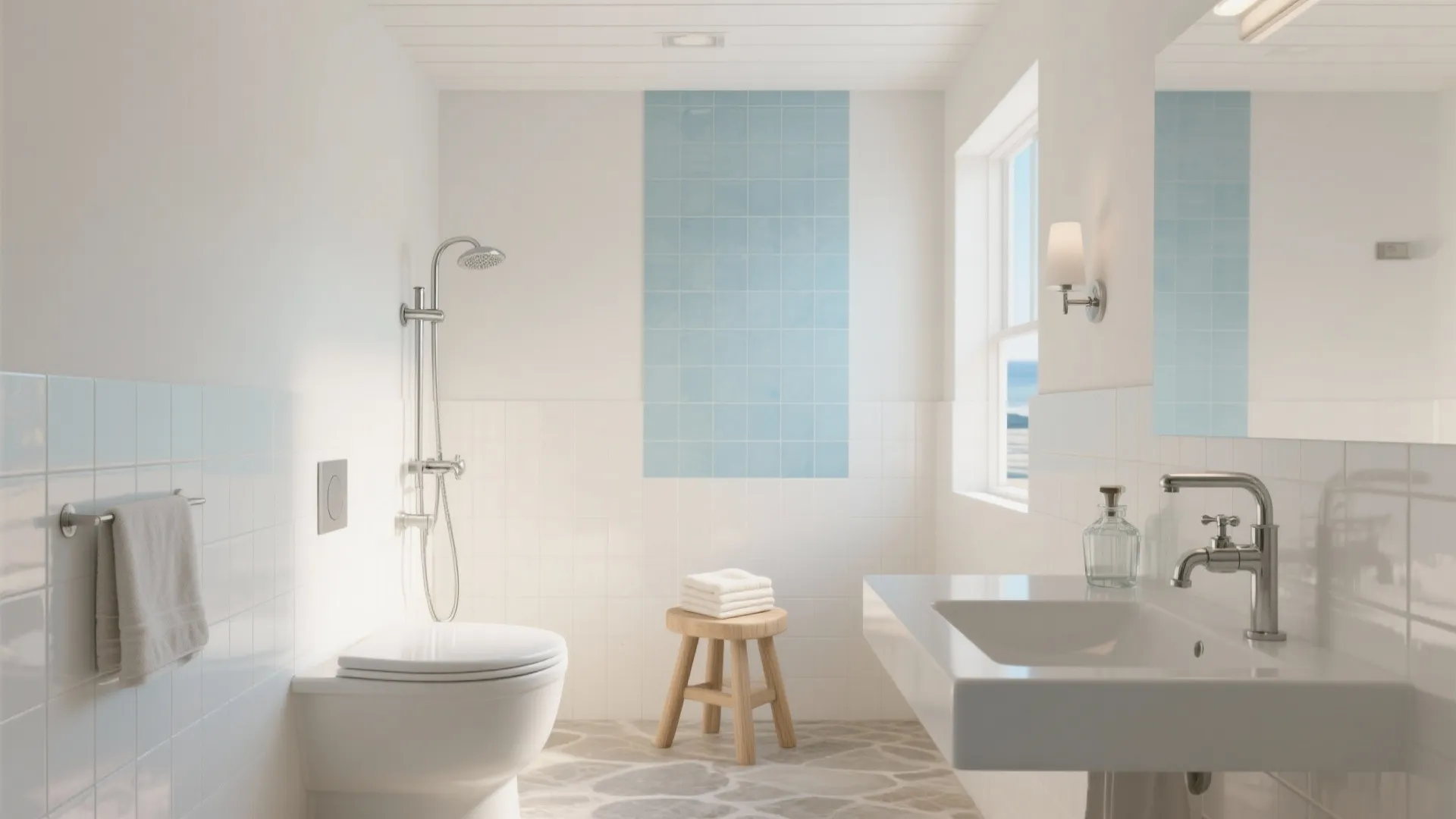 Modern white bathroom with blue tile accents, shower, toilet, wooden stool, and a floating sink