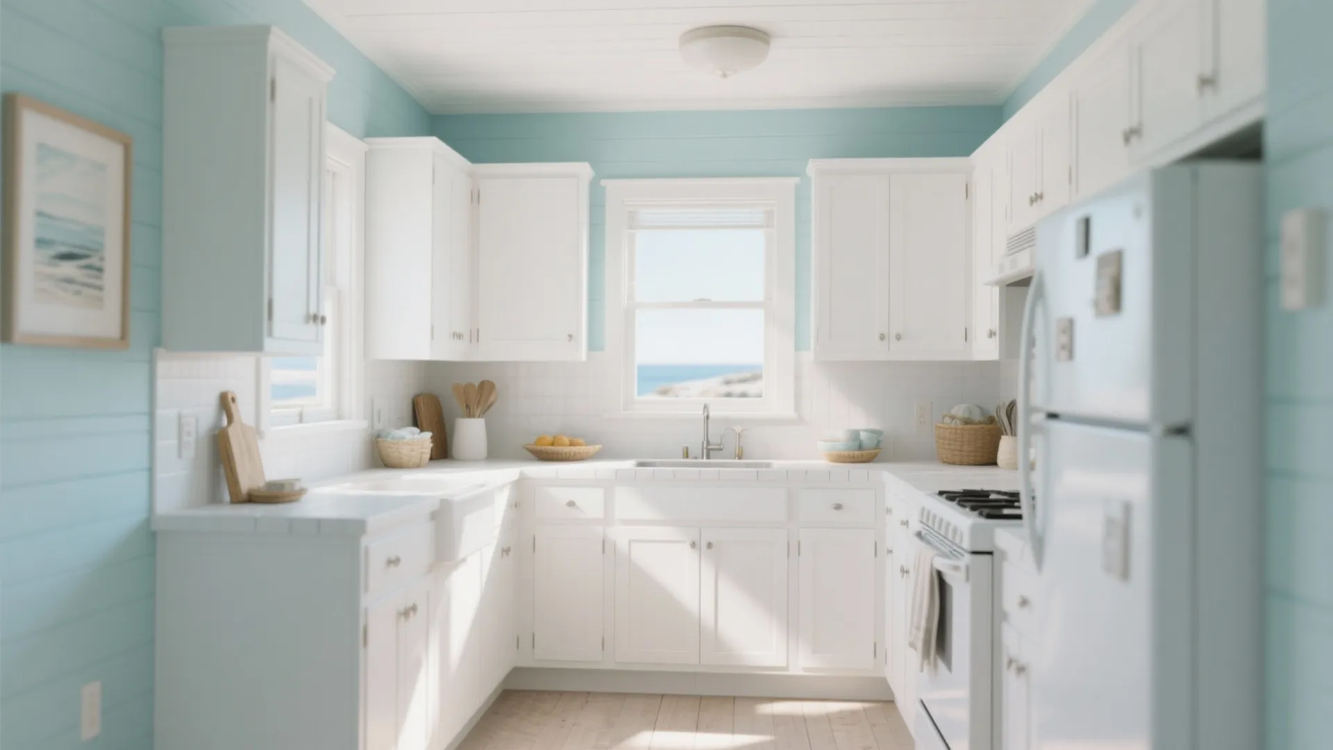Coastal kitchen with white cabinets light blue walls wooden floor small window and ceiling light