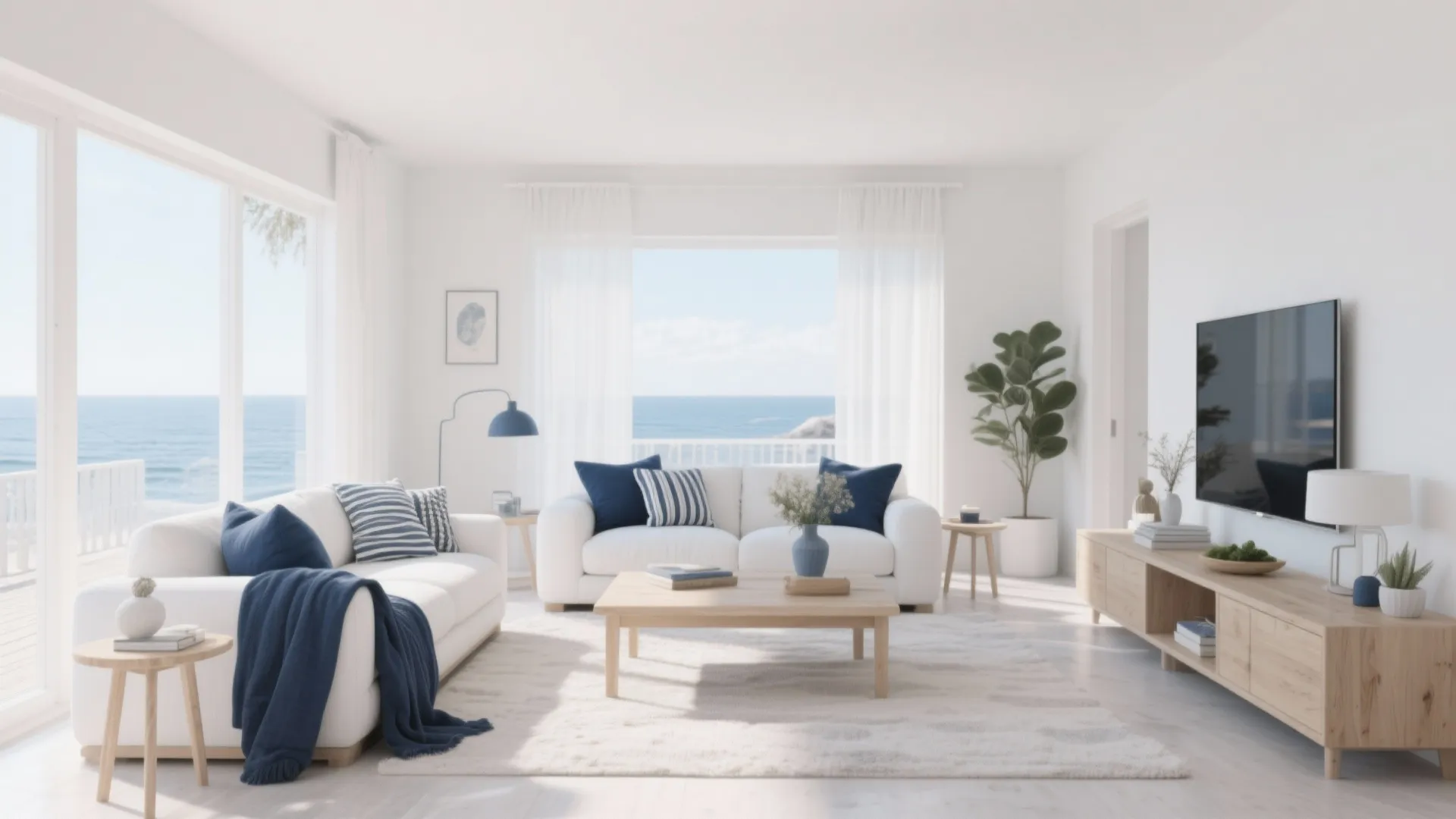 Bright white living room with blue pillows and blankets overlooking a beautiful blue ocean view