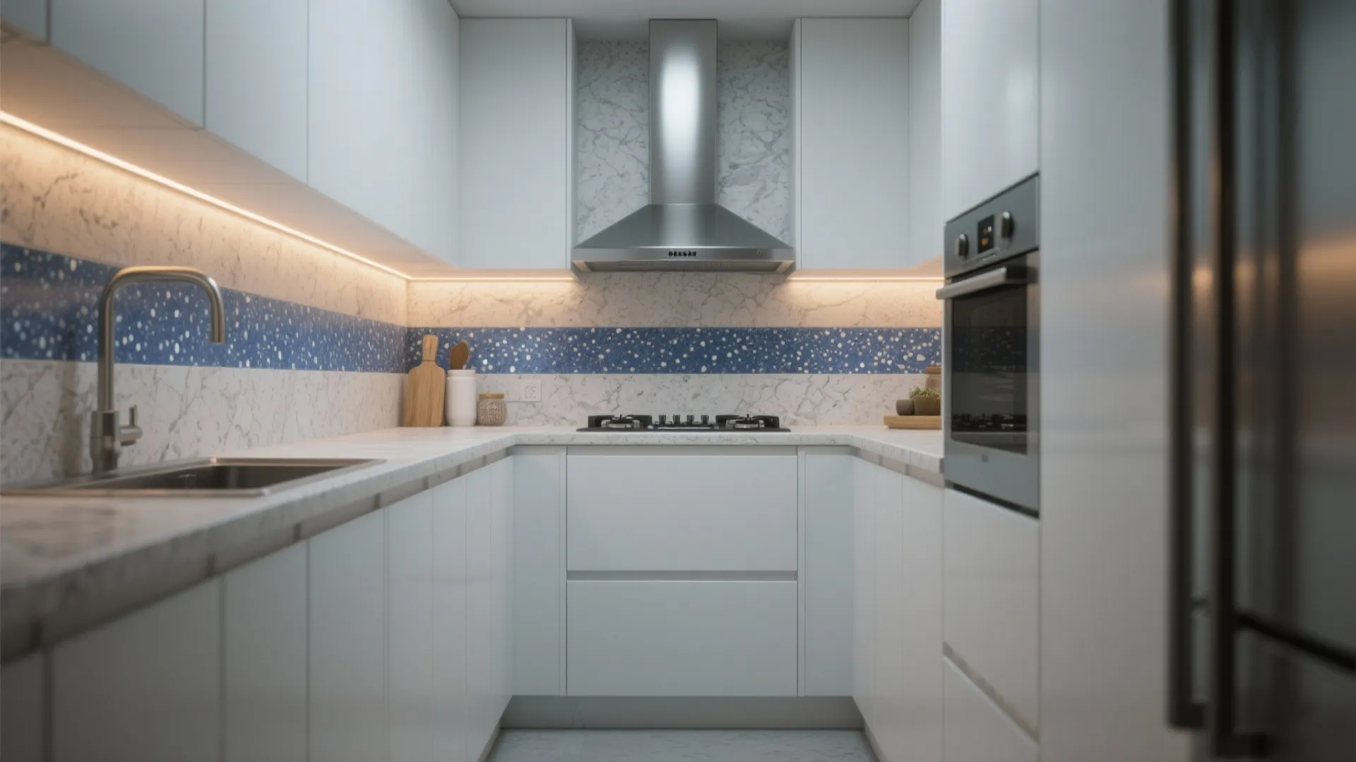 1. Minimalist White Cabinets + Thin Blue Pearl Accent Strip