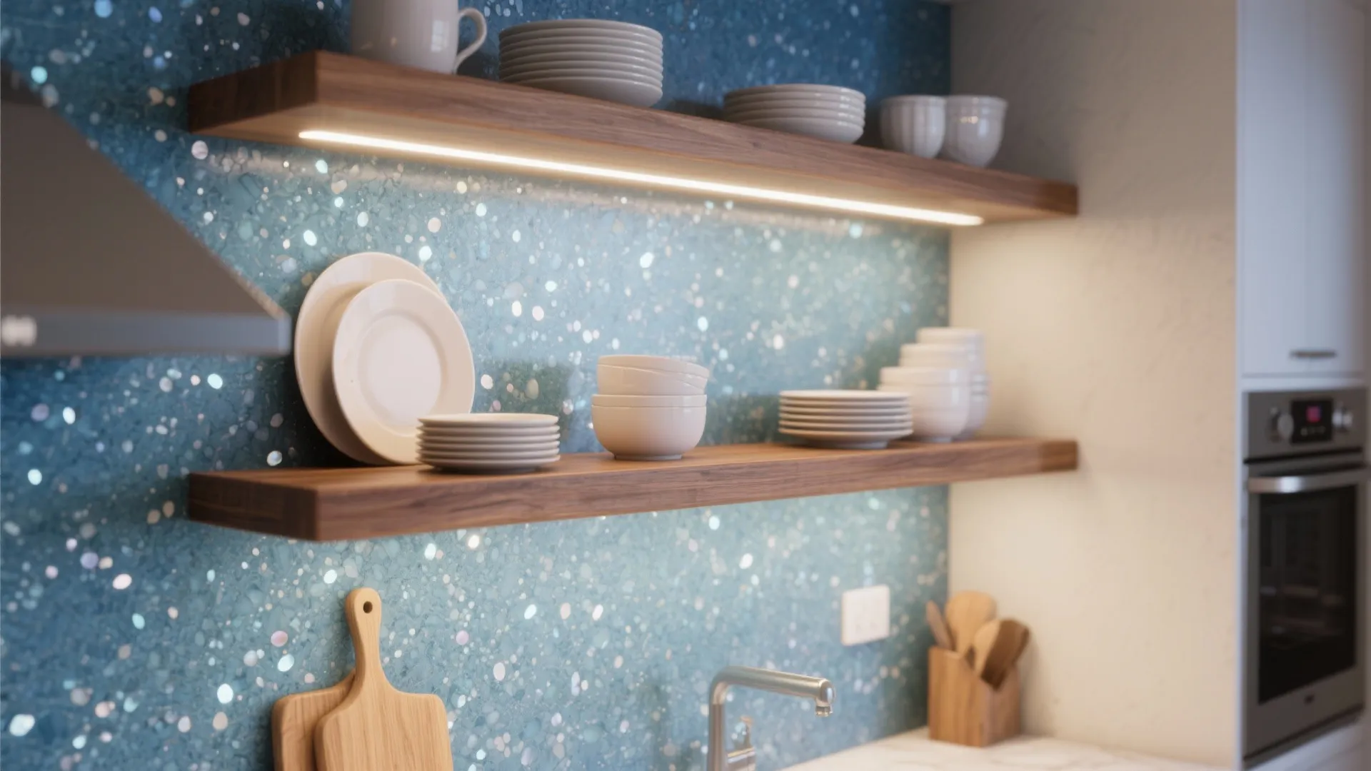 3. Blue Pearl Granite as a Floating Shelf Backdrop