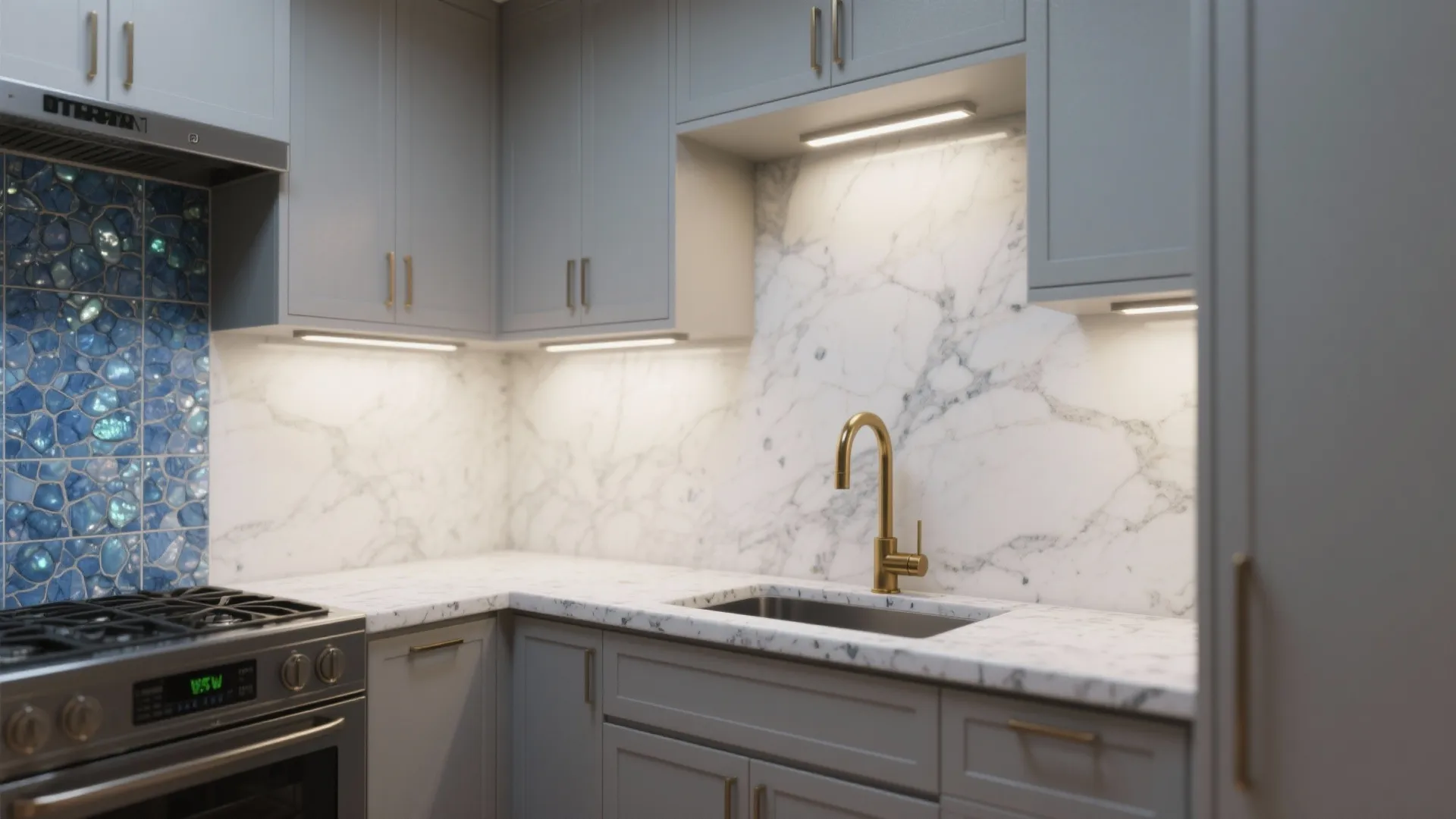 4. Blue Pearl Granite Backsplash Paired with Marble-Inspired White Counters