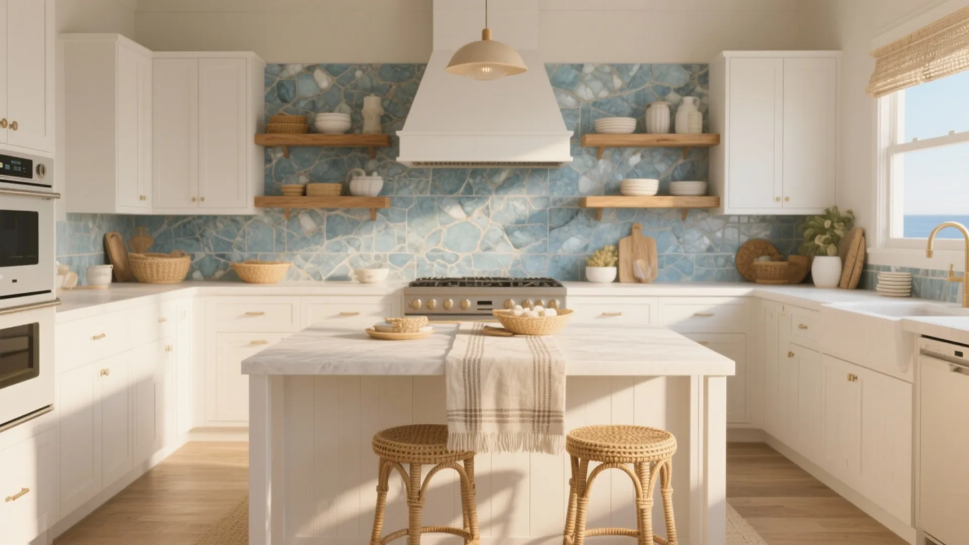 5. Coastal-Inspired White Kitchen with Blue Pearl Granite and Wood Accents