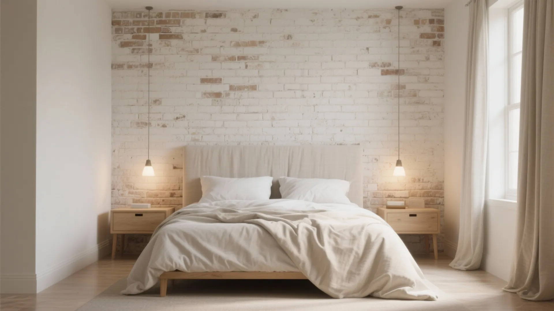 Serene bedroom with whitewashed brick