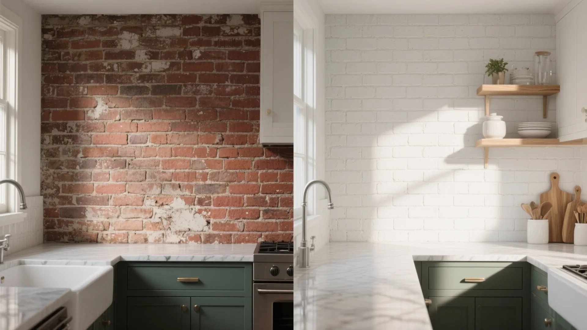 Before and after comparison of old red brick wall versus clean white painted brick kitchen
