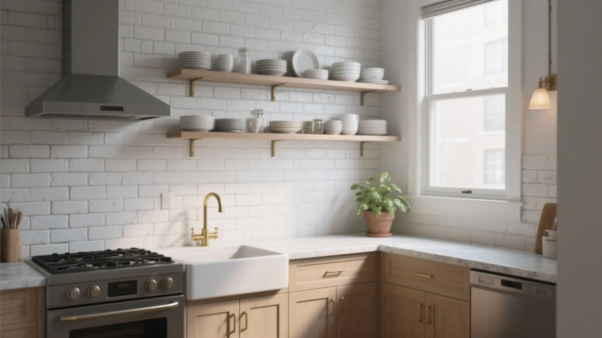 Kitchen interior with white brick wall wooden shelves gold faucet white sink and light wood cabinets
