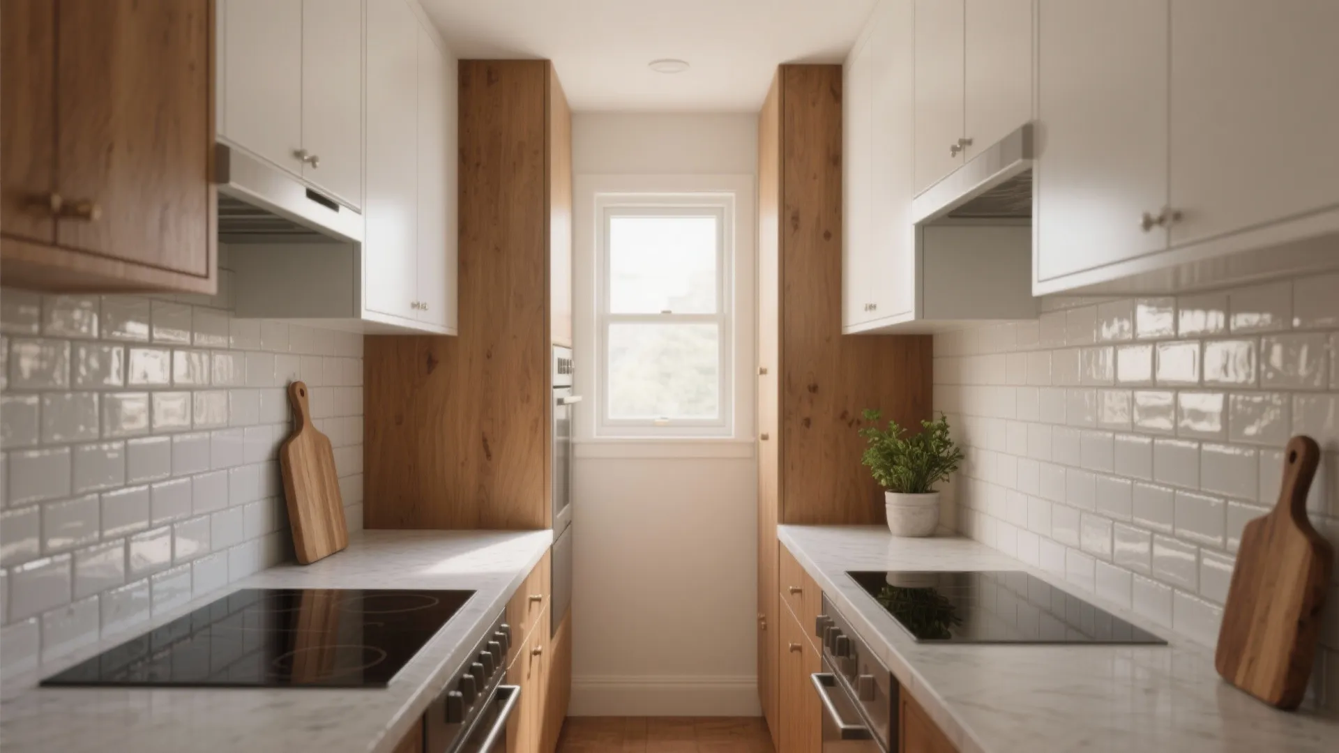 Symmetrical narrow kitchen with wooden cabinets white brick walls marble countertops and a small window