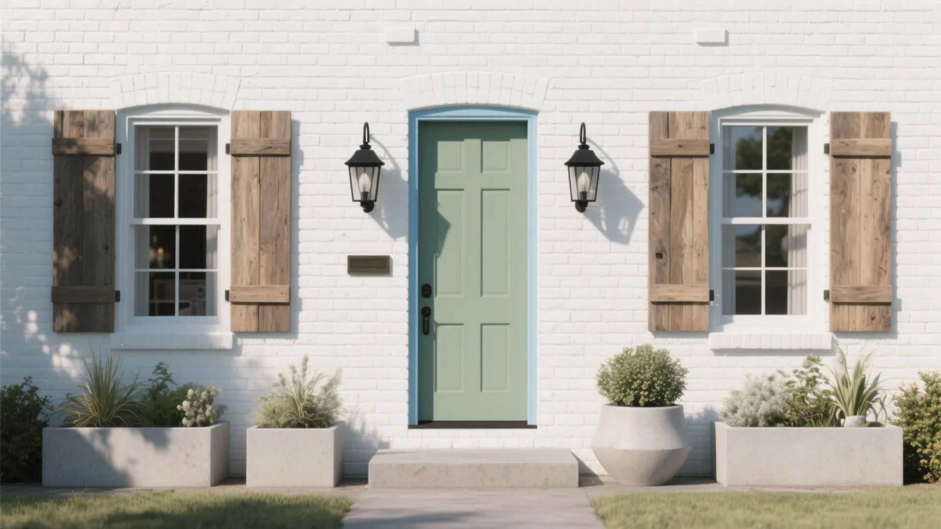 White brick house entrance with green door wood shutters black wall lights and potted plants