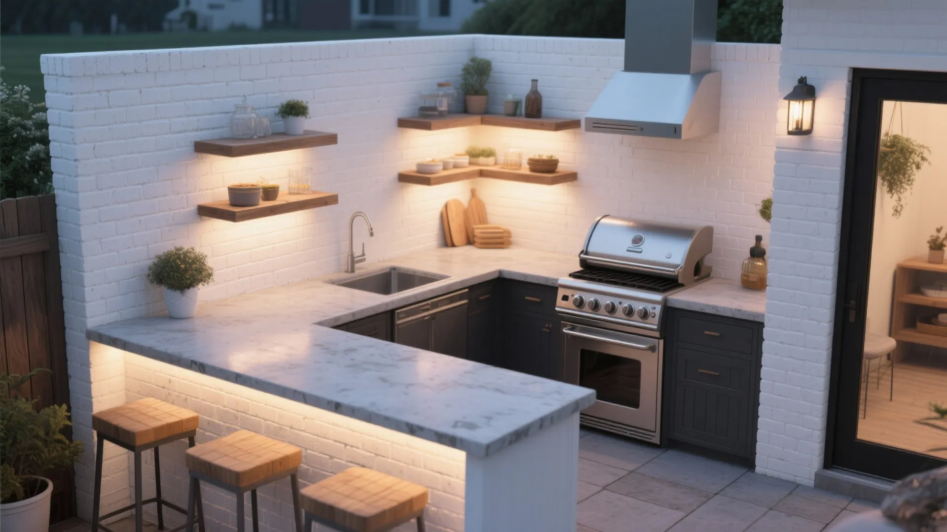 L-shaped outdoor kitchen with marble countertop wood bar stools warm lighting and white brick walls