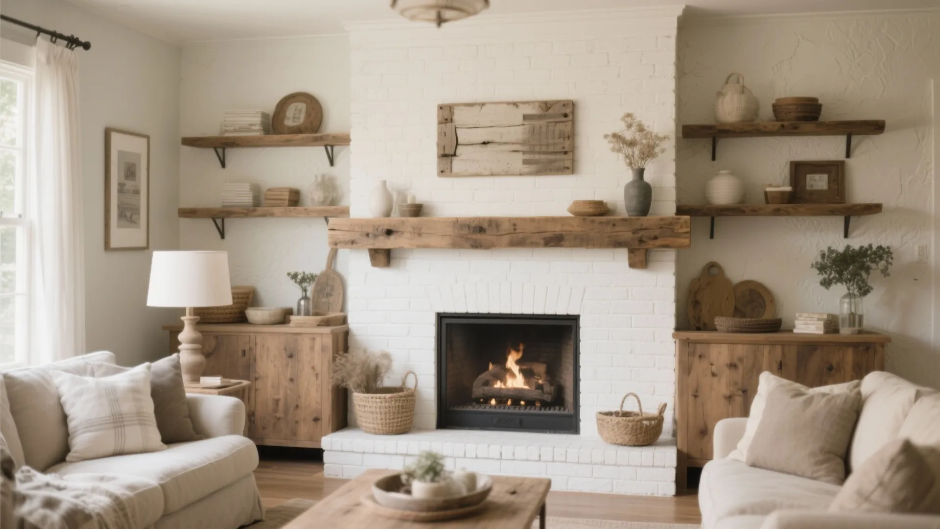 2. White Brick Fireplace with Rustic Beam