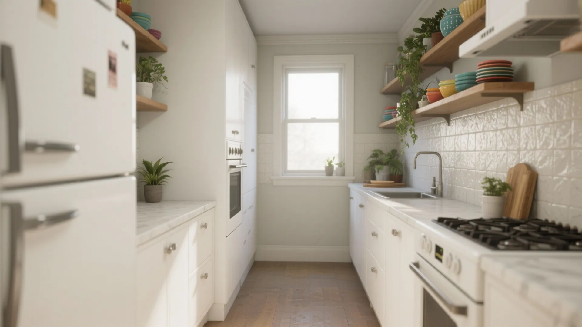 Narrow white galley kitchen with marble countertops wooden shelves green plants white stove and window