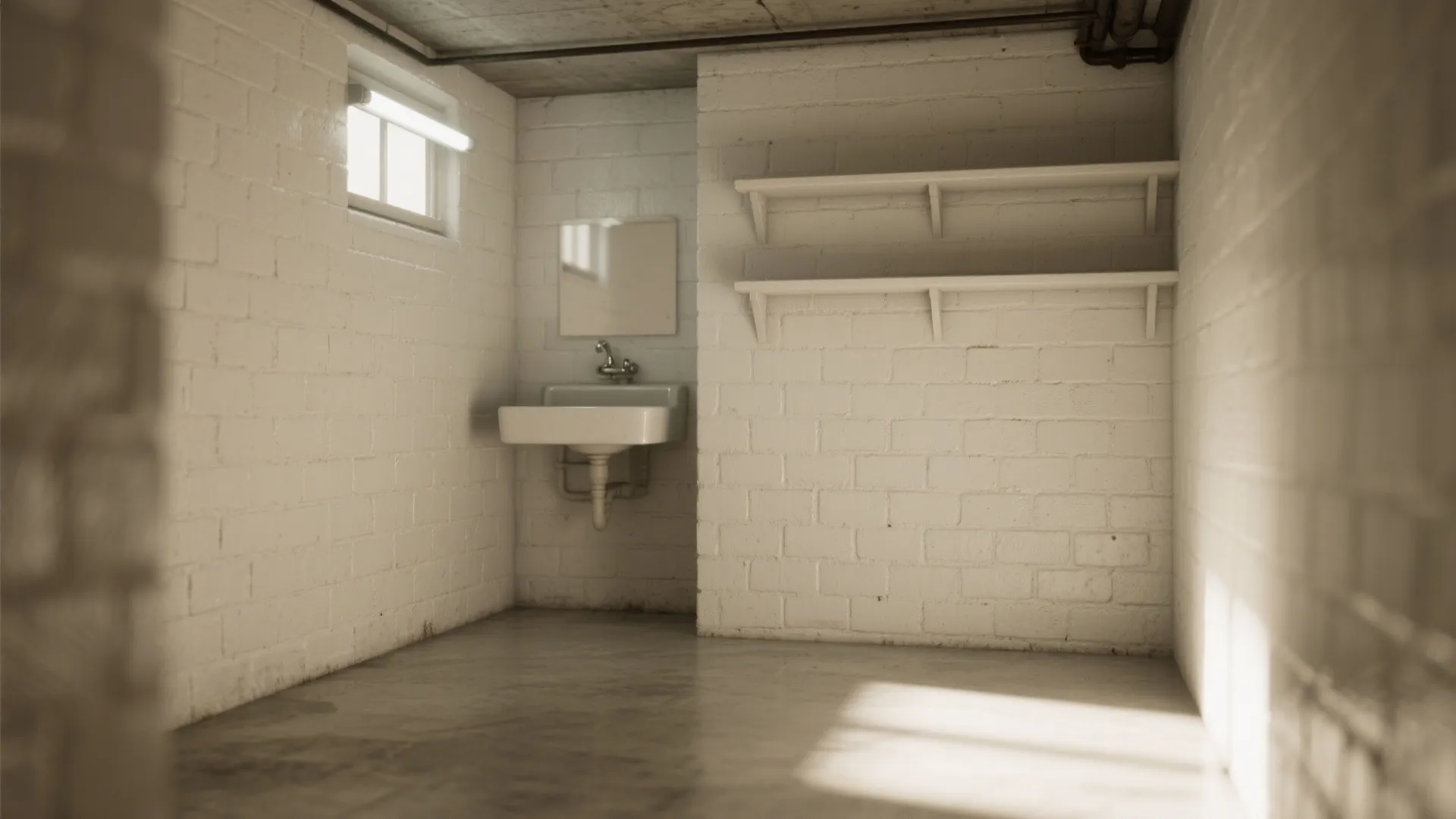 Small basement corner painted in high-reflectance white with semi-gloss finish reflecting daylight.