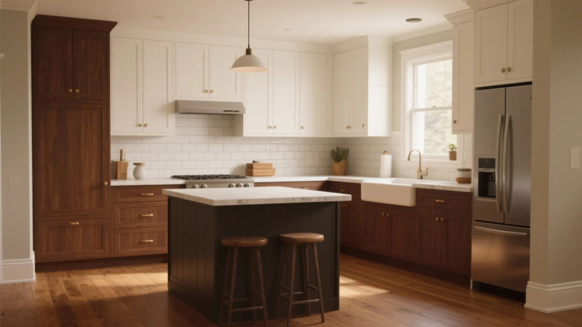 Spacious kitchen with white upper cabinets brown lower cabinets dark central island and two wooden stools