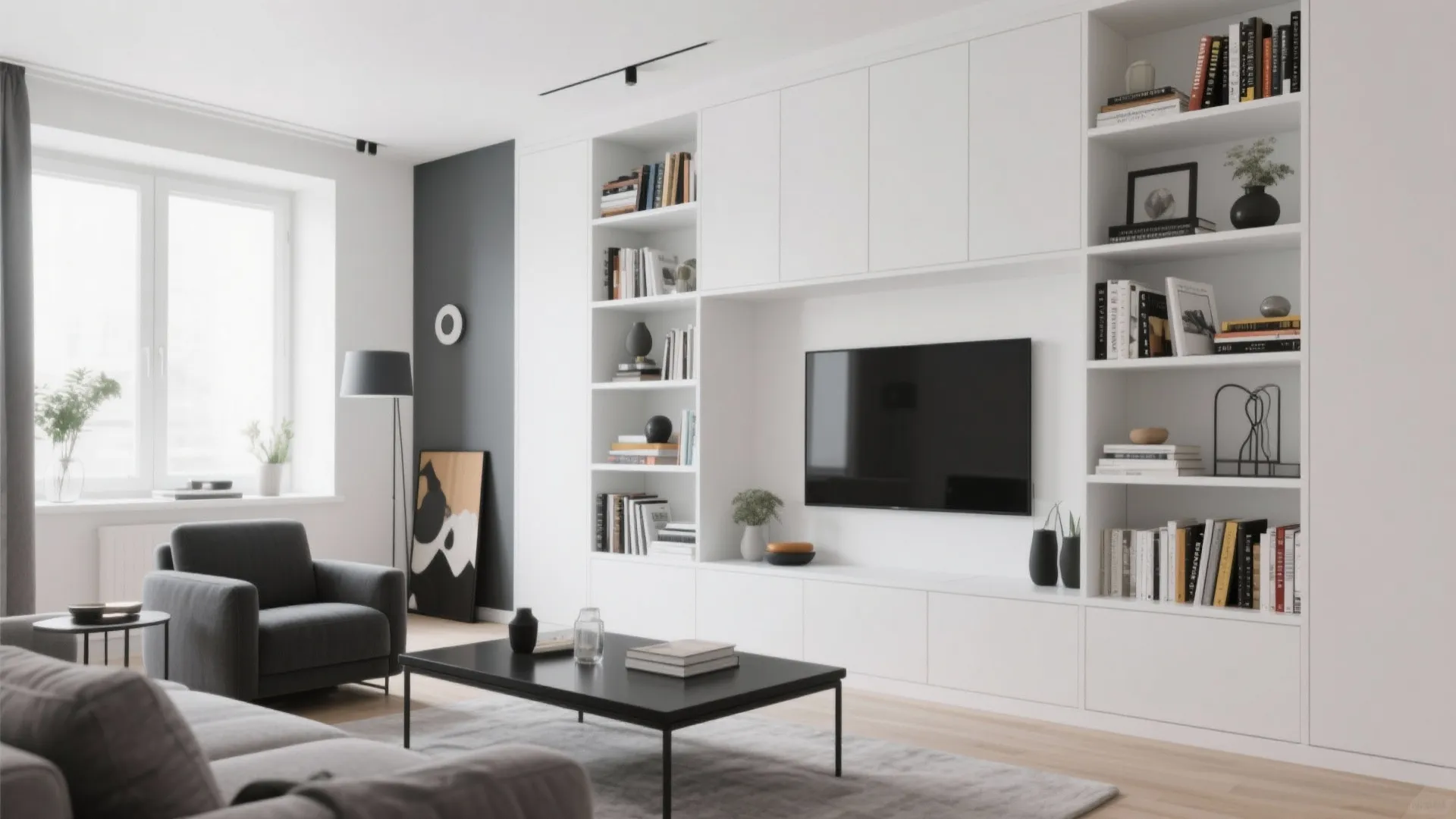 Minimalist white living room with built in wall unit and television over black coffee table