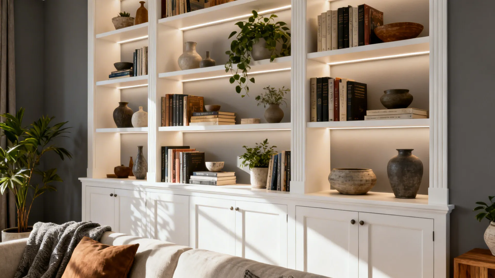 White built-in shelves styled against warm grey walls with curated objects.