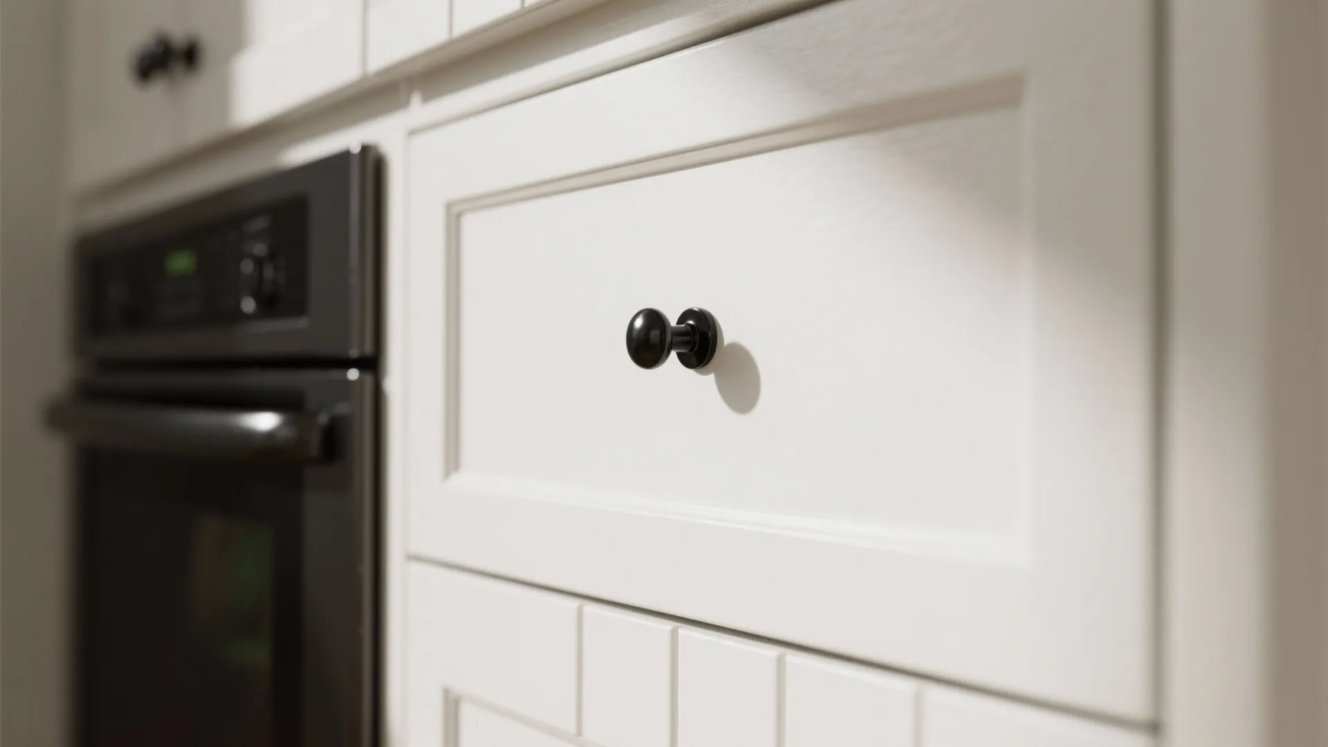 Close up of white kitchen cabinet drawer with small black round handle next to oven