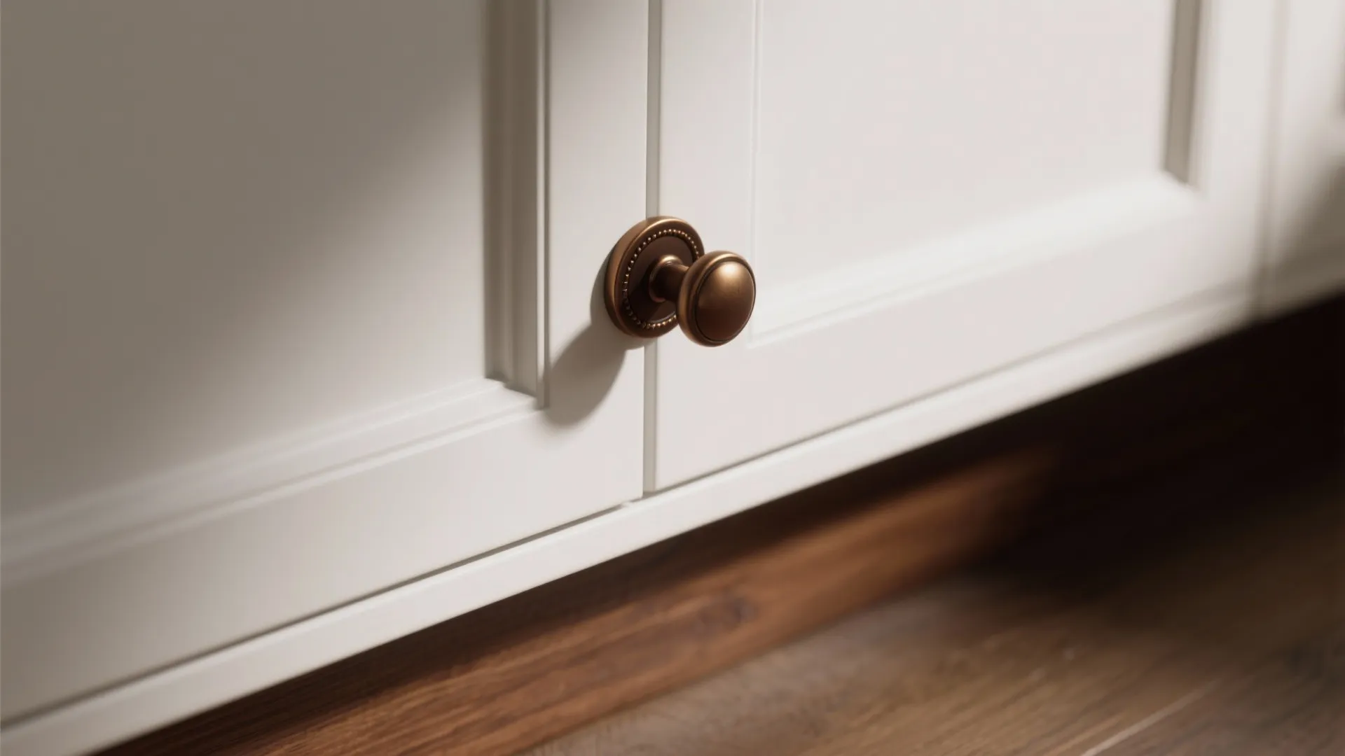 White cabinet front with brown hardware and stained toe-kick detail.