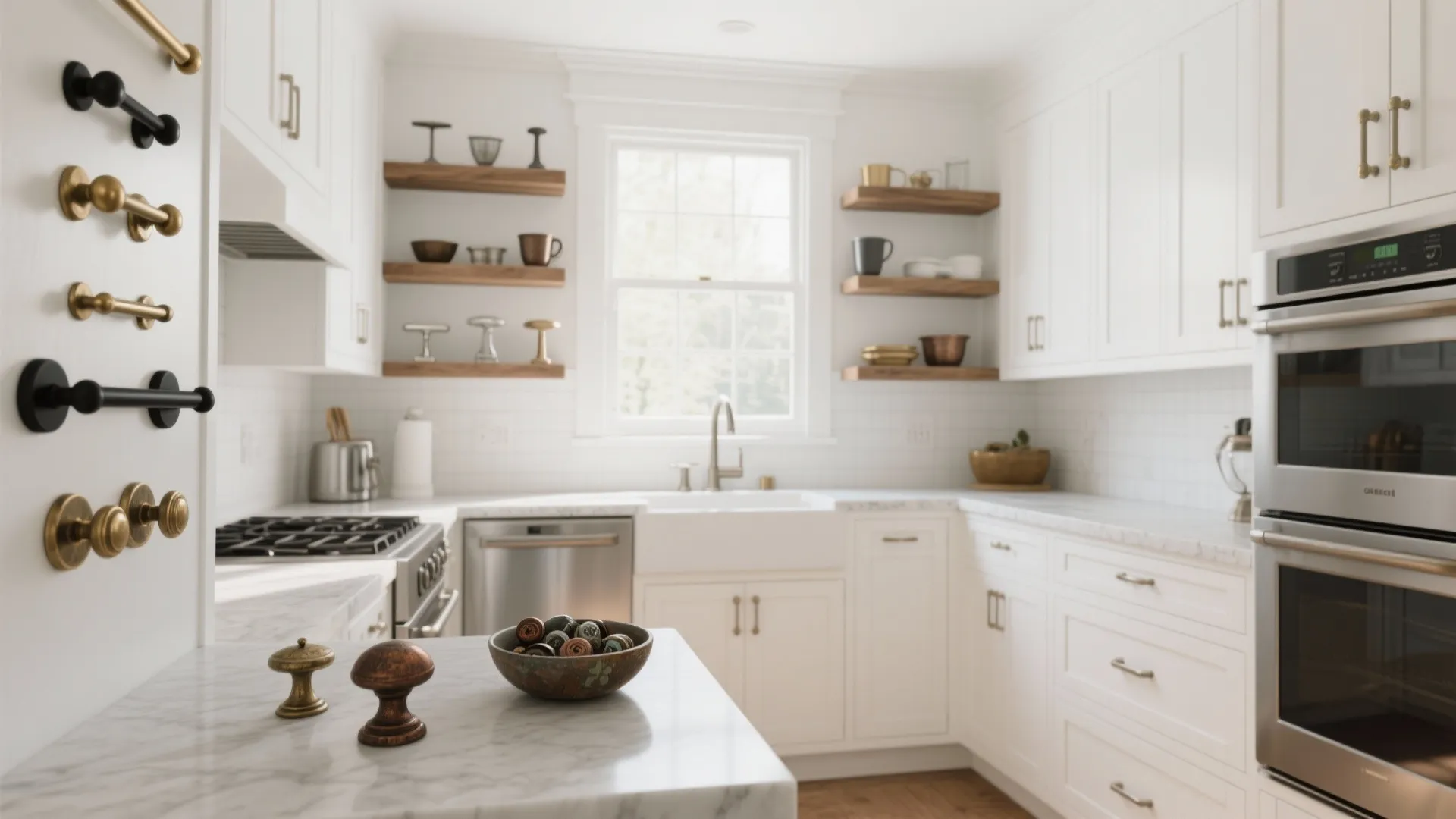 Modern white kitchen with gold cabinet handles marble countertop wooden open shelves and stainless steel appliances