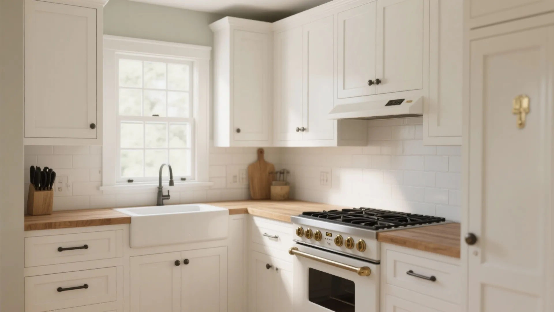 Bright white kitchen with wooden countertop farmhouse sink black faucet gas range and white cabinet doors