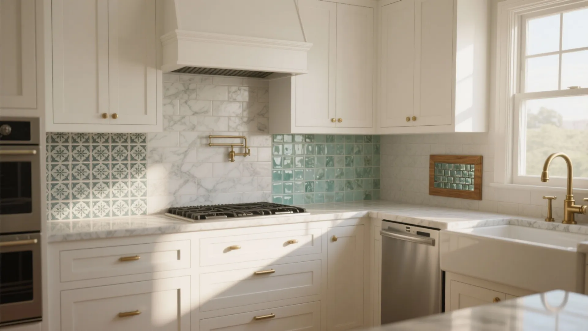 Modern white kitchen with marble countertop green wall tiles gold faucet sink and large window