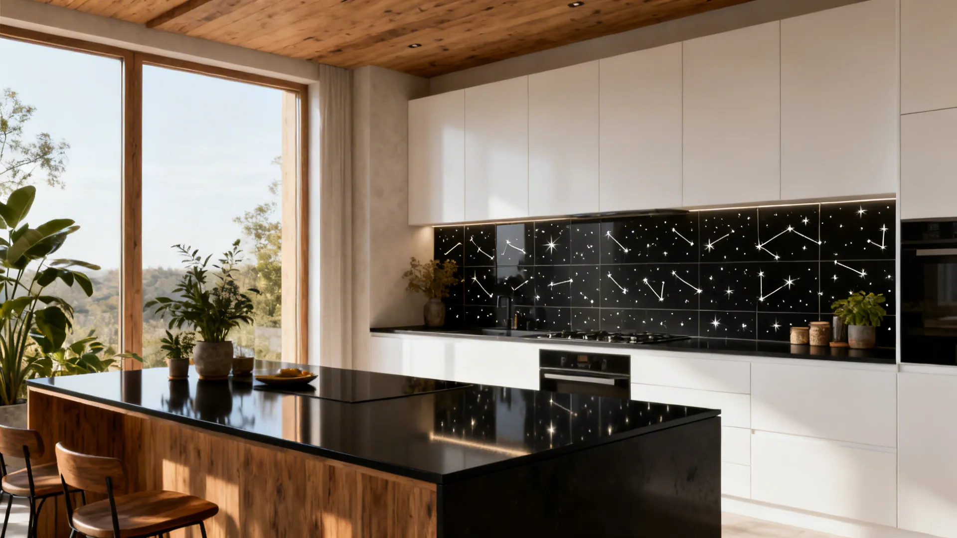 Modern kitchen with wooden island black countertop white cabinets star pattern wall tiles and windows