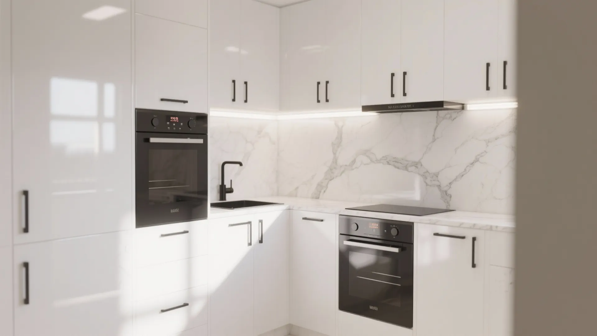 White kitchen cabinets with black handles and marble backsplash featuring a black oven and sink