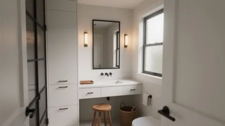 5 Small Bathroom Ideas: White Cabinets + Black Hardware