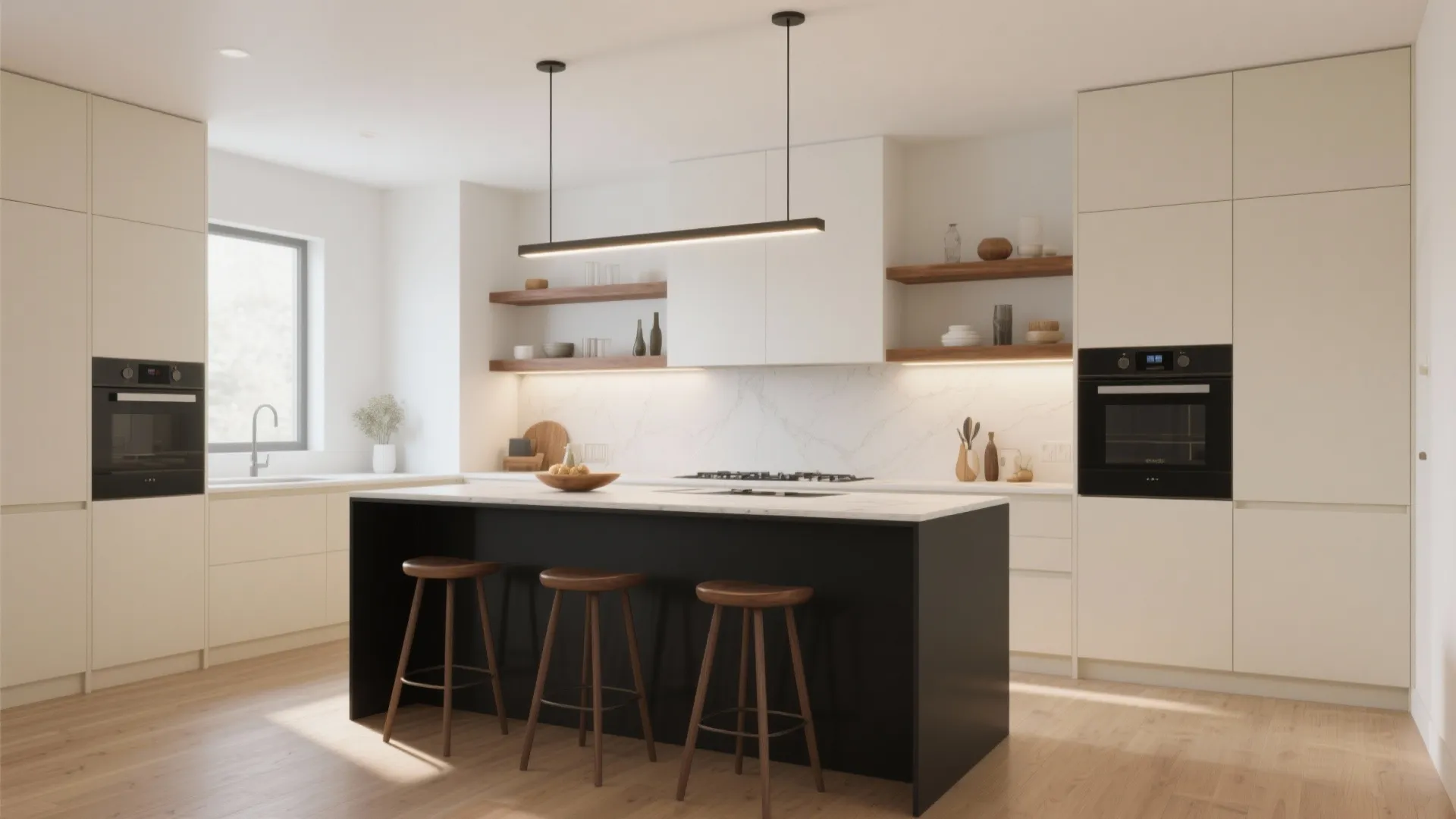 Modern minimalist kitchen with white cabinets black island wooden stools wood floor and one light
