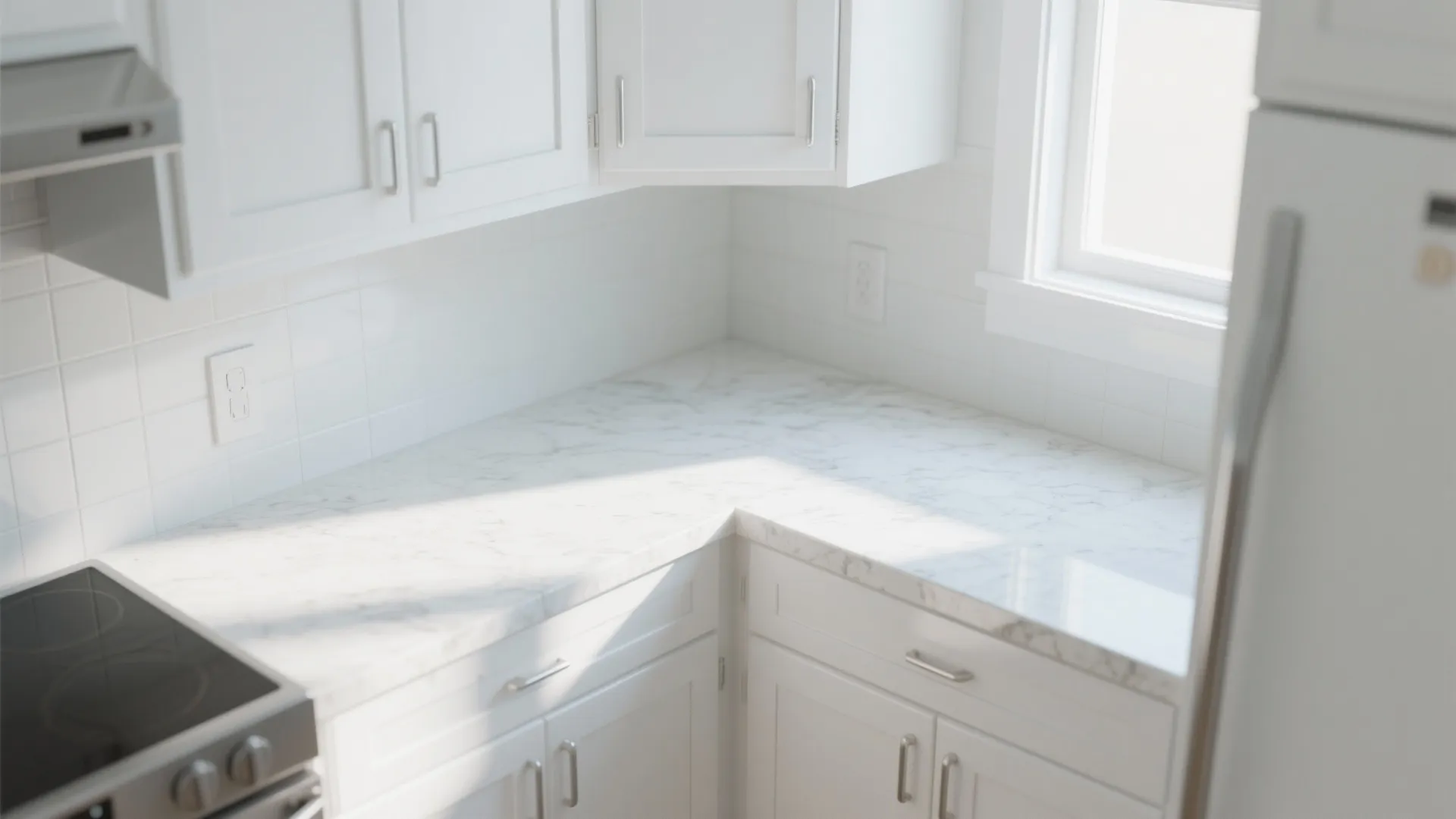 Bright kitchen corner with white cabinets marble countertop white wall tile and natural window light effect