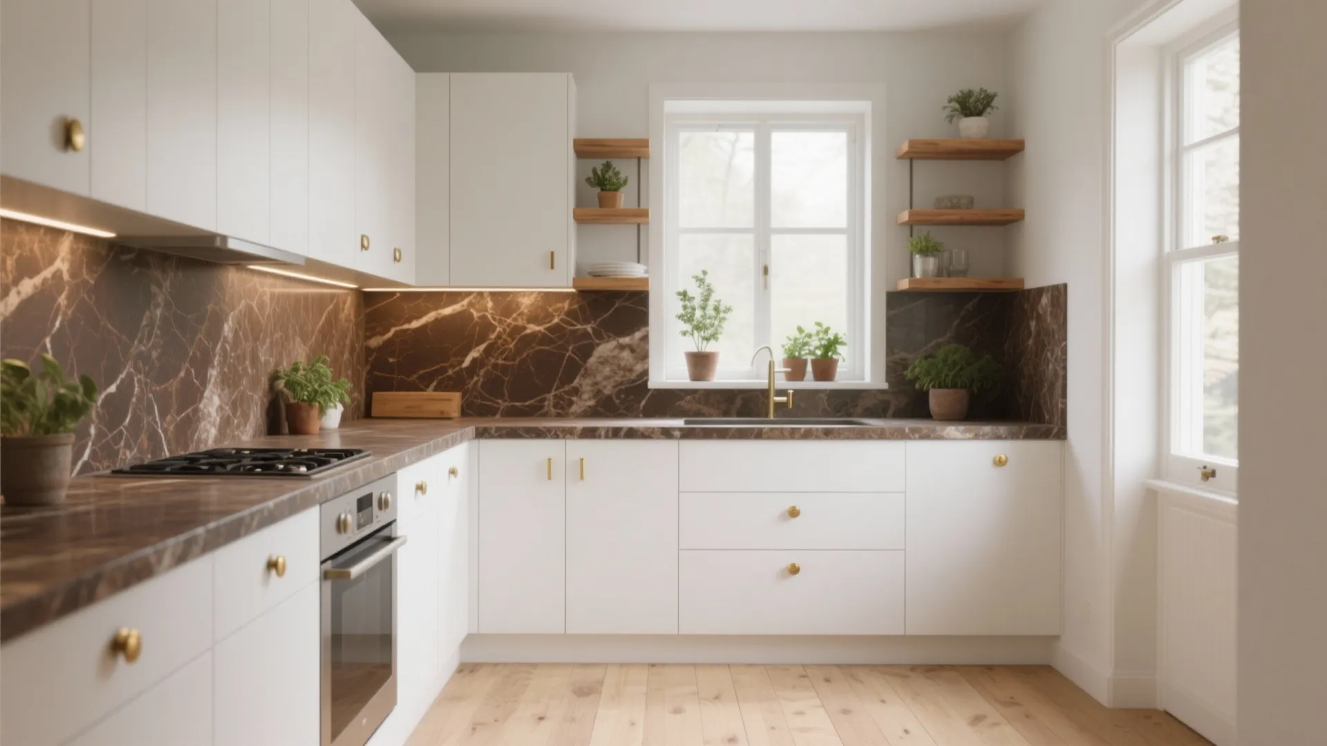 Bright kitchen with white cabinets dark brown stone countertop wooden floor and light green potted plants