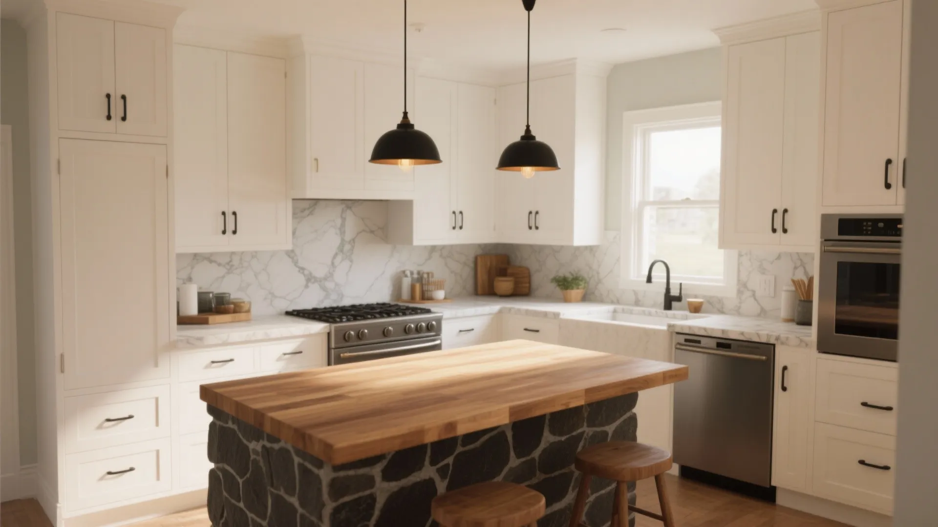 Modern white kitchen with stone base island wood top black ceiling lights and marble backsplash