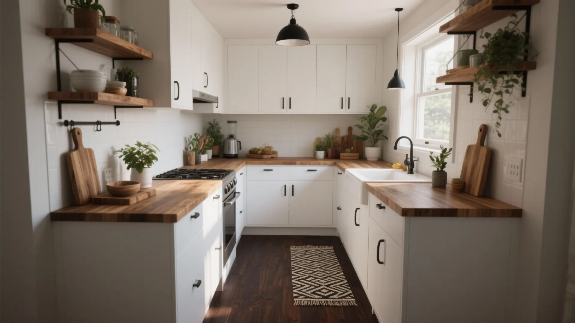 White kitchen with wood countertops black ceiling lights small patterned rug and dark wood floor