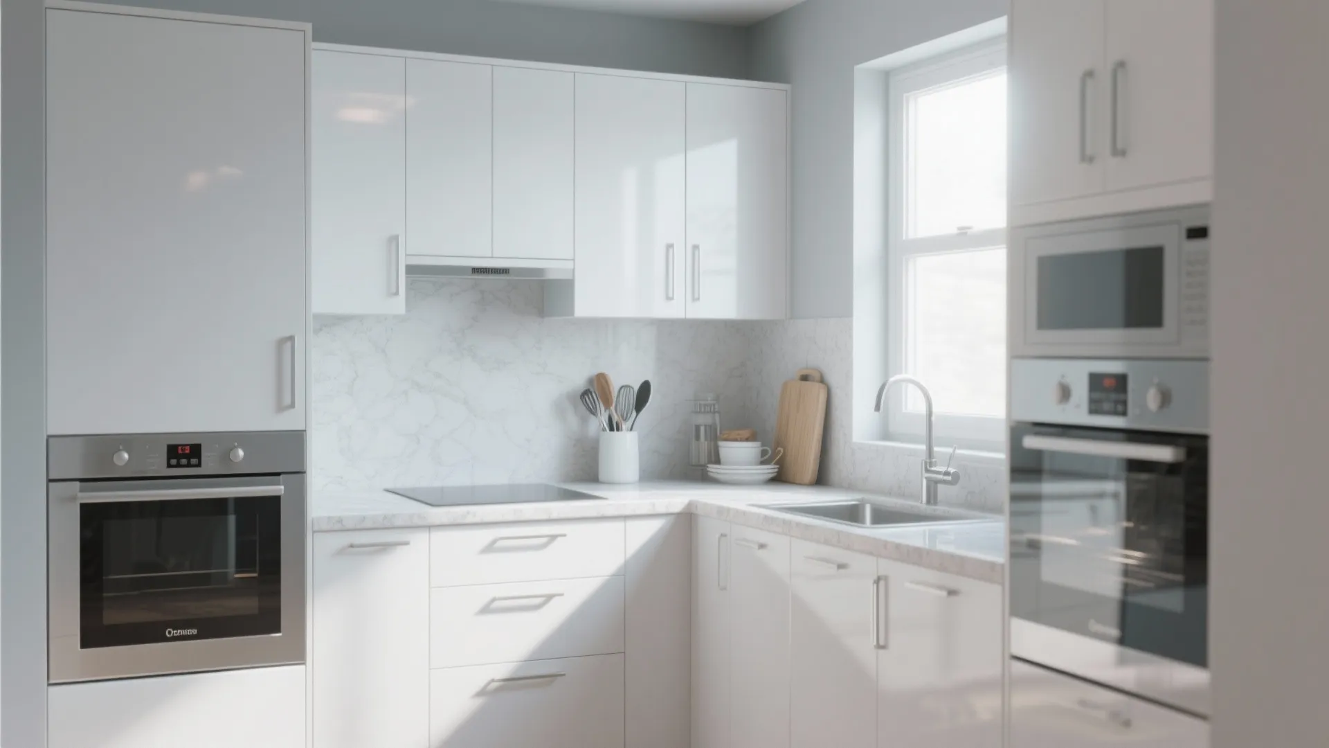 Modern white kitchen with clean cabinets marble wall small window and built in silver oven