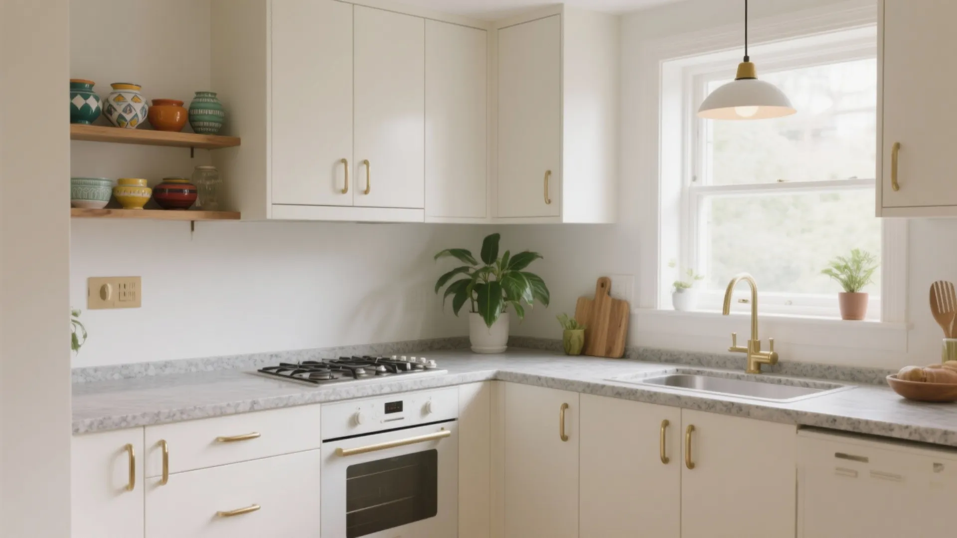 Modern white kitchen with grey marble countertop featuring brass faucet sink and a gas stove