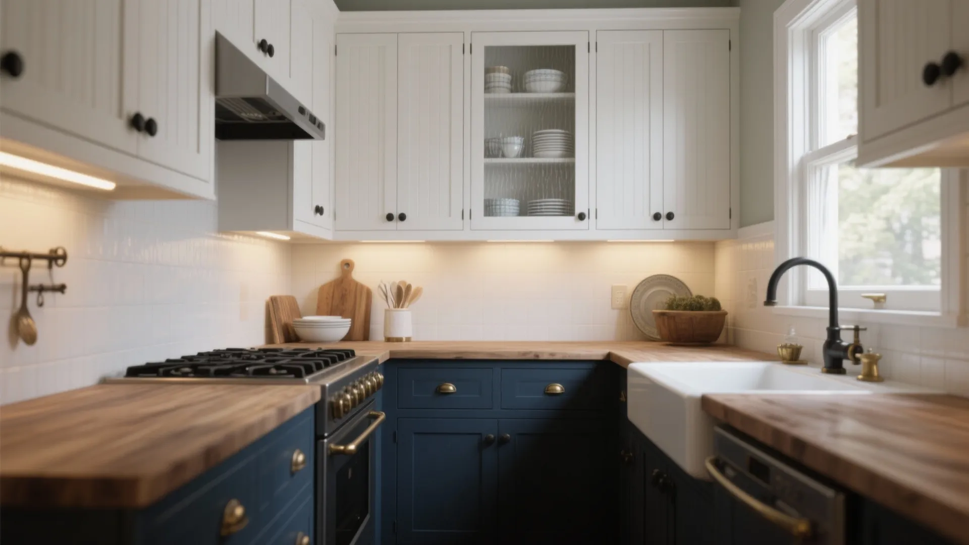Modern kitchen with white upper cabinets blue lower cabinets wood countertop white sink and black faucet