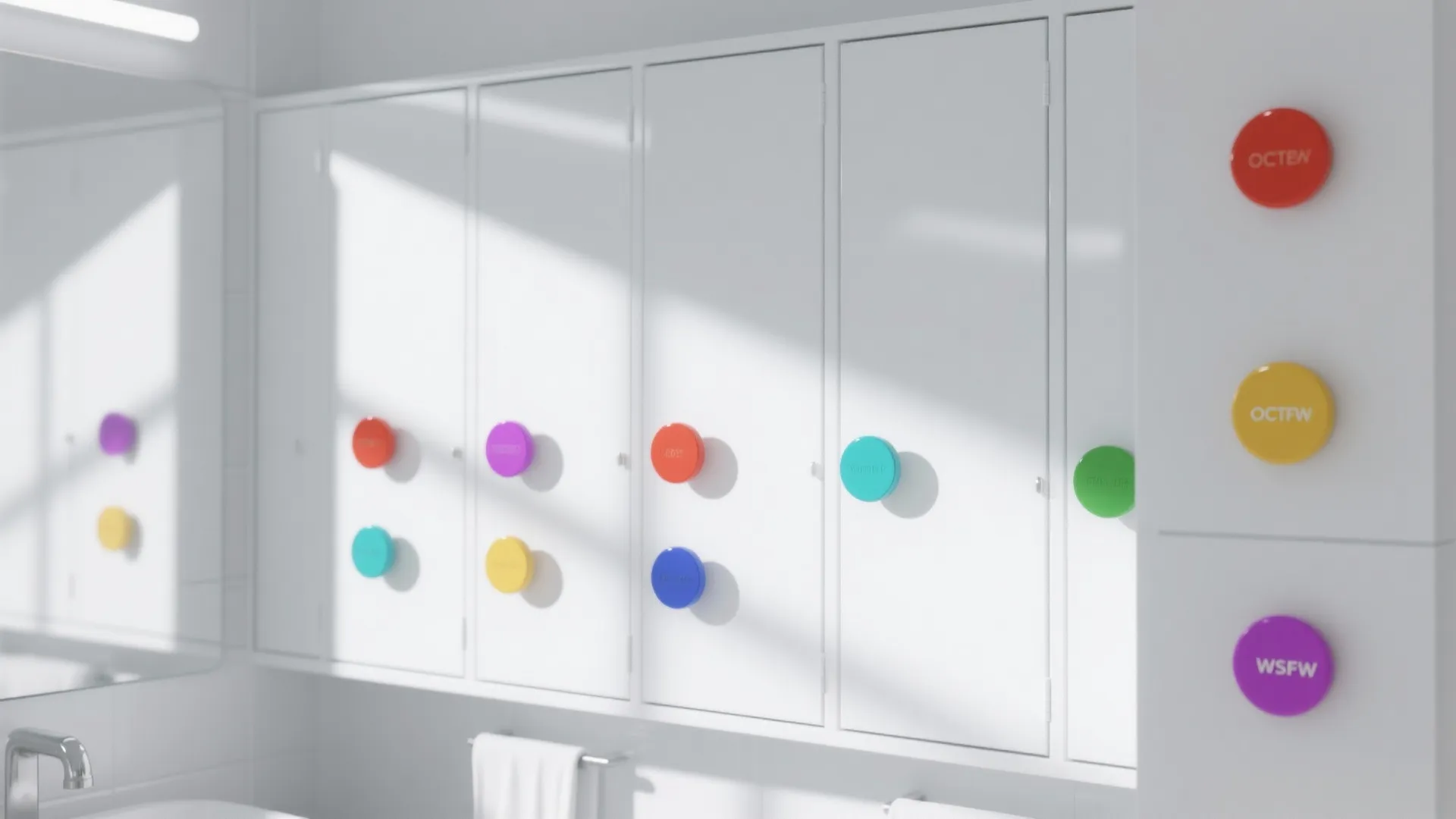 Crisp white bathroom cabinets with colorful knobs