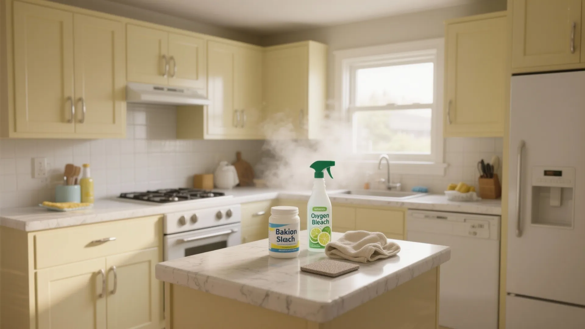 Cream kitchen cabinets with white fridge and cleaning products sitting on a marble island top surface