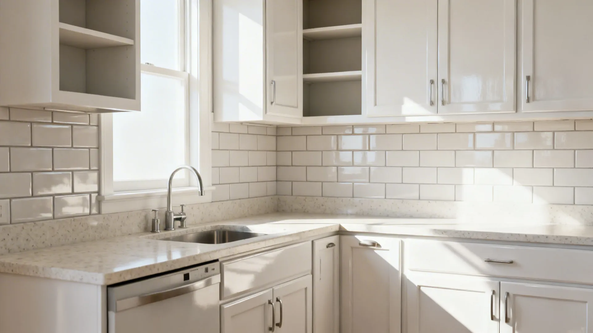 Bright compact kitchen with freshly painted white cabinets and quartz counters reflecting daylight.