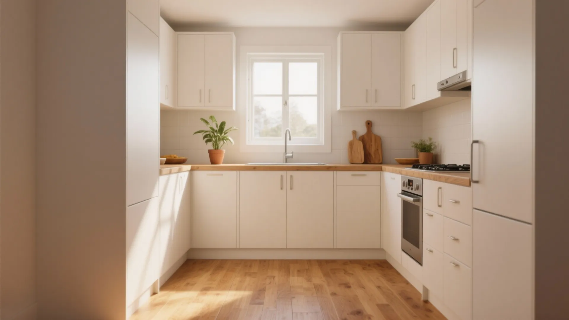 Modern small kitchen with white cabinets wooden countertop sink green plant and natural window light