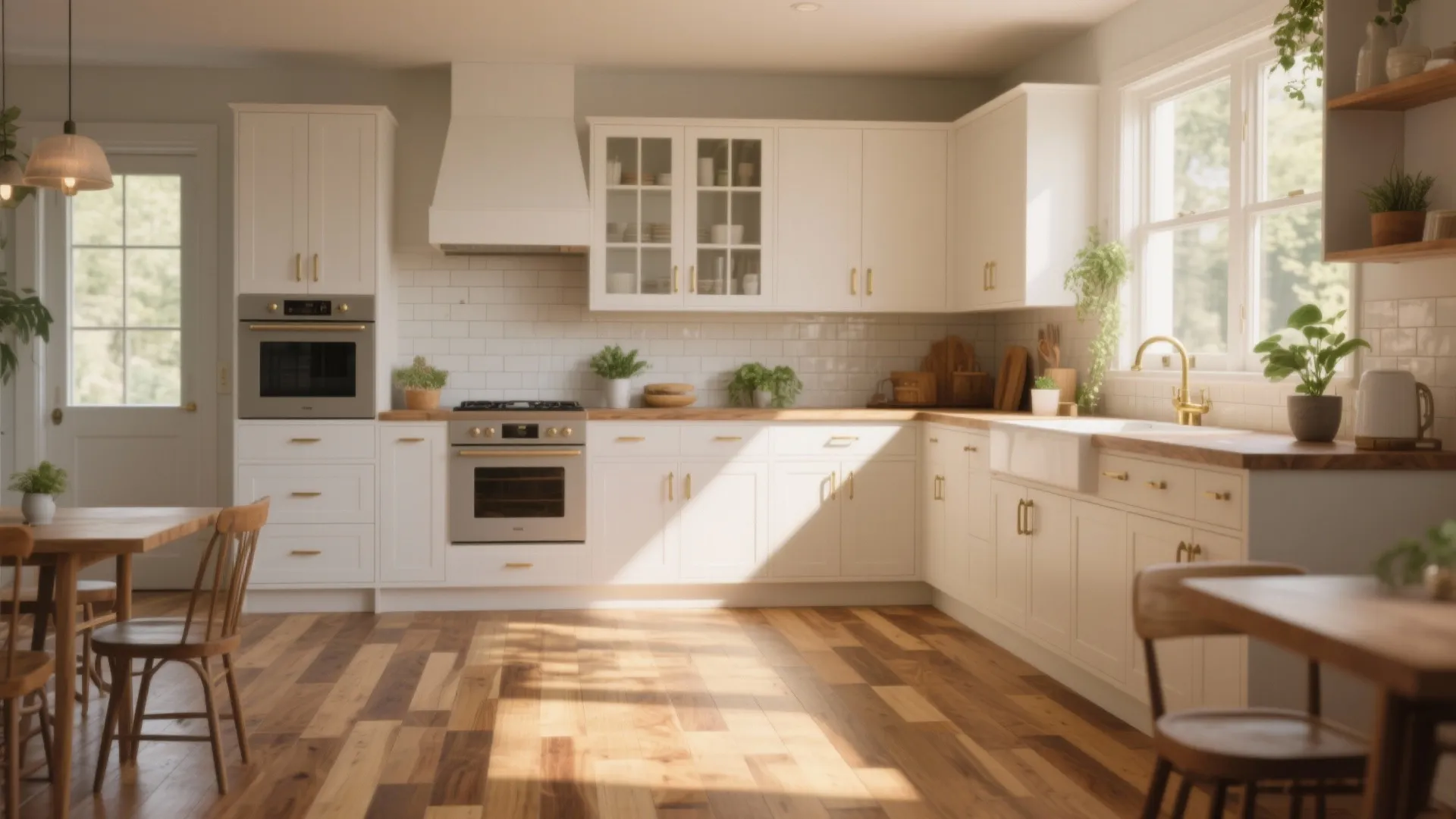 Bright kitchen featuring white cabinets with gold handles warm wood flooring and a large window