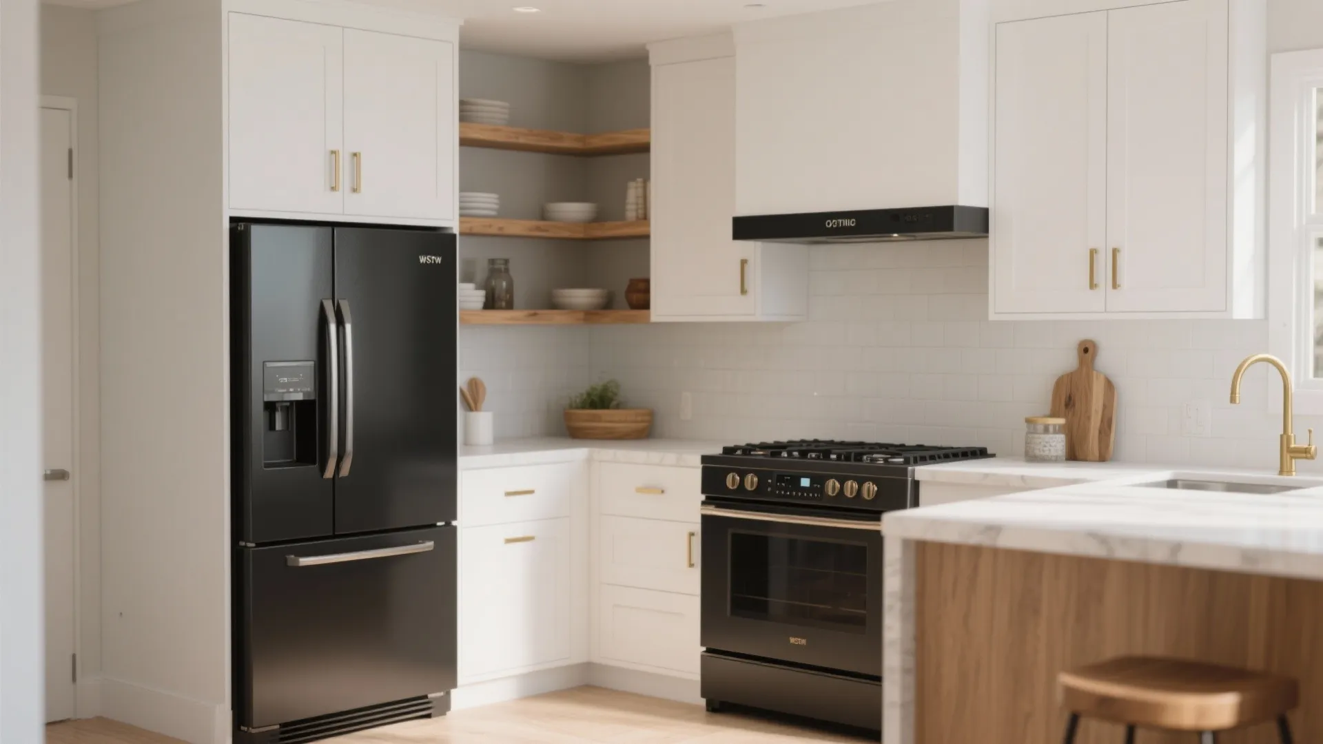 1. Matte White Cabinets + Warm Wood Accents