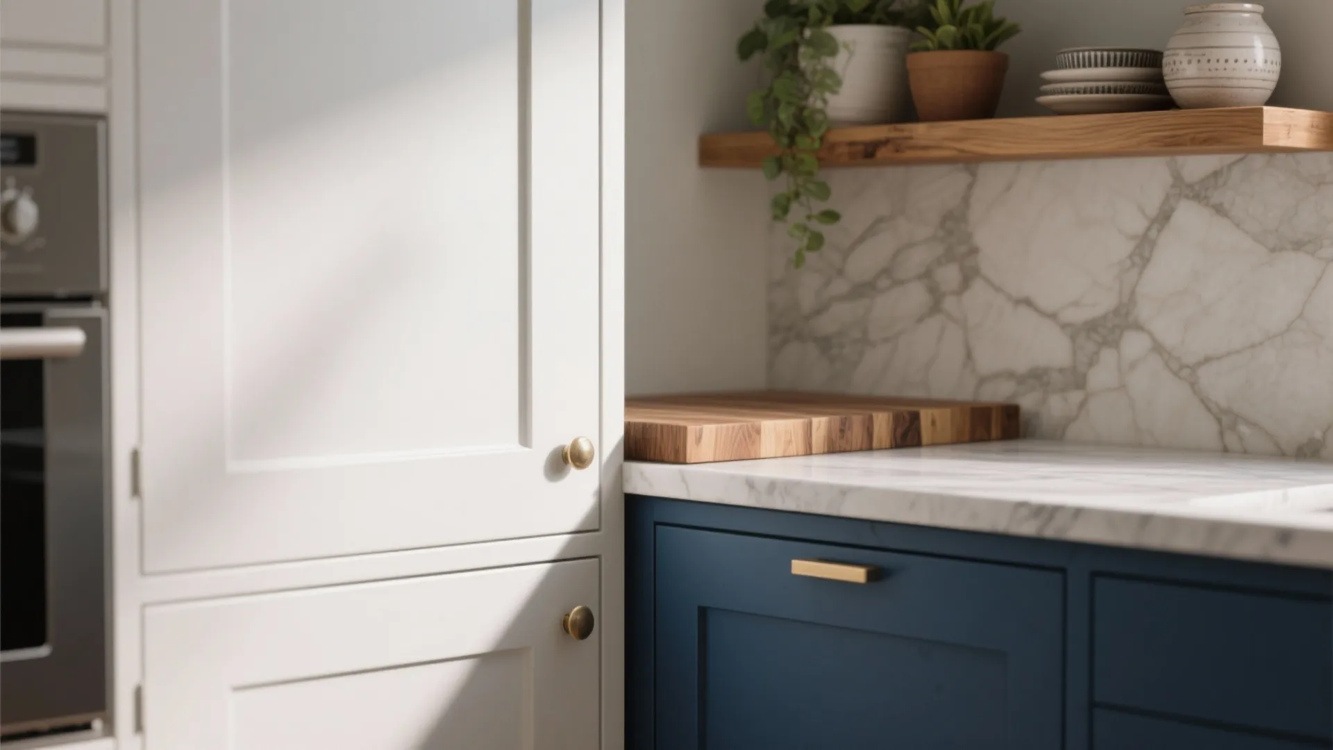 Close-up of white cabinet, warm wood counter edge and navy countertop, with plant on shelf
