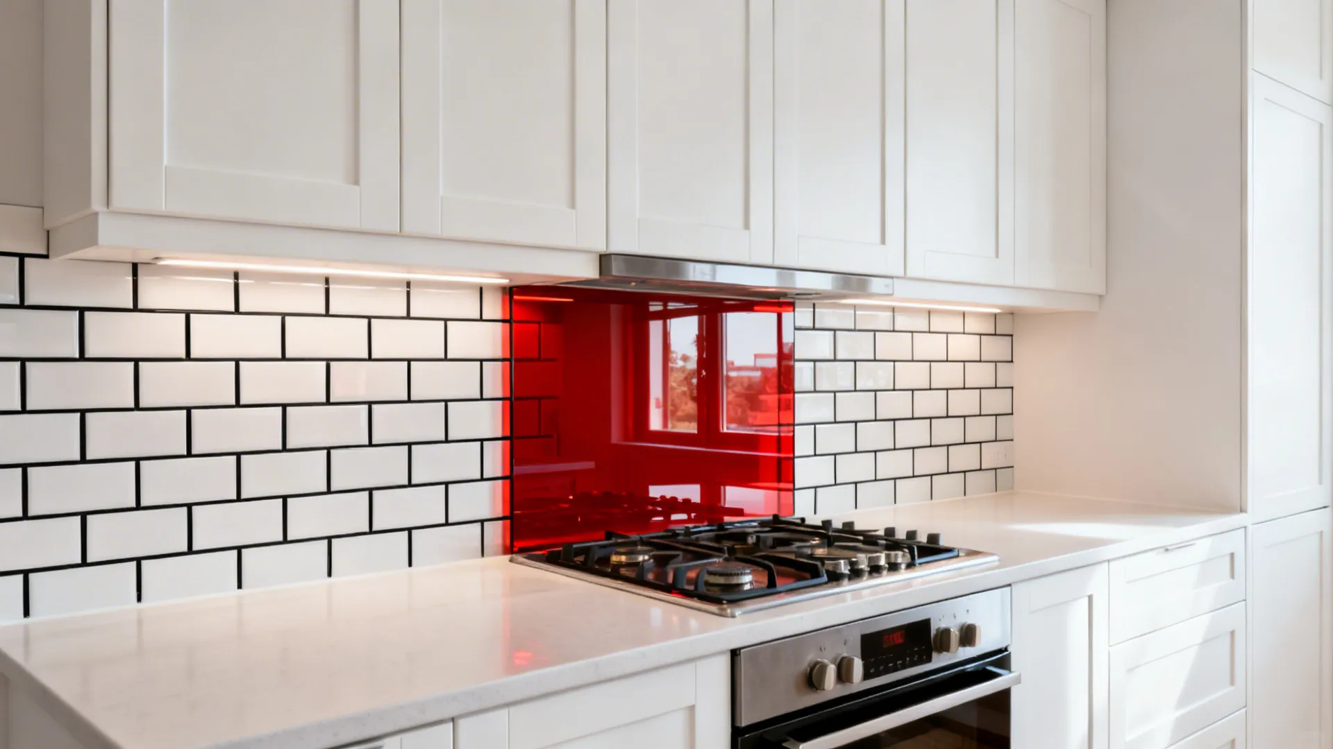 White cabinets, black grout, and a red glass backsplash