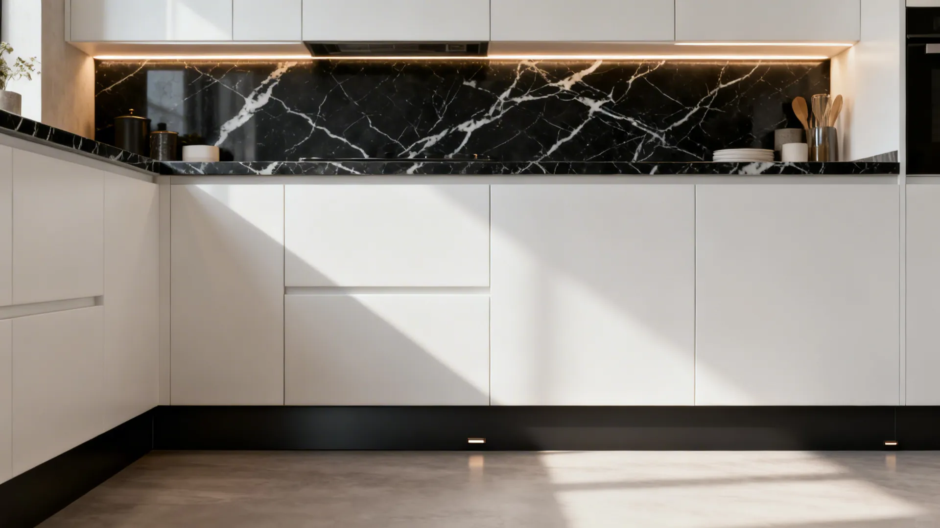 White cabinetry with bold black-veined quartz countertop and dark toe-kick in soft daylight.