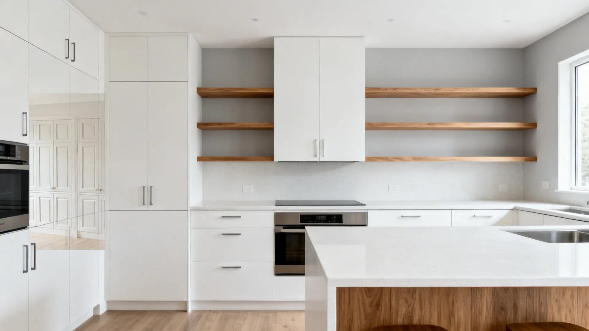 After view of a small galley kitchen with matte white slab cabinets and slim oak-accent shelves.