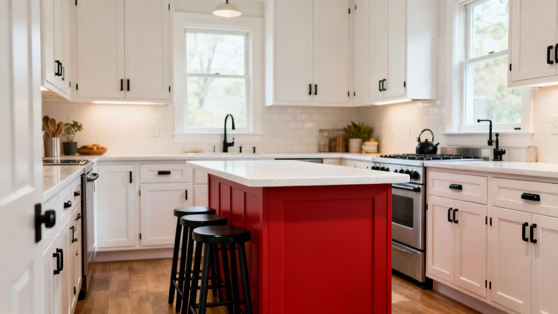 Small kitchen with white cabinets and a compact red island focal point.