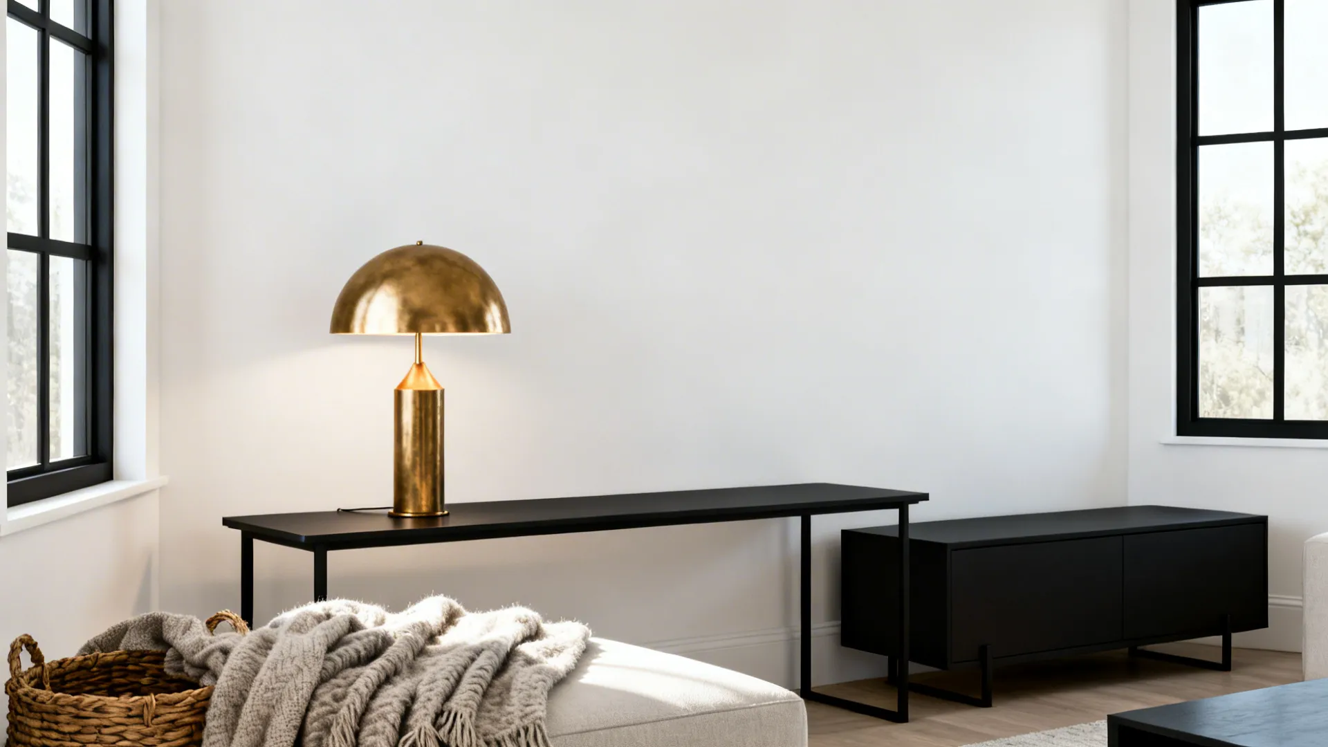 White living room wall with black console, black window frames and warm textured accents.