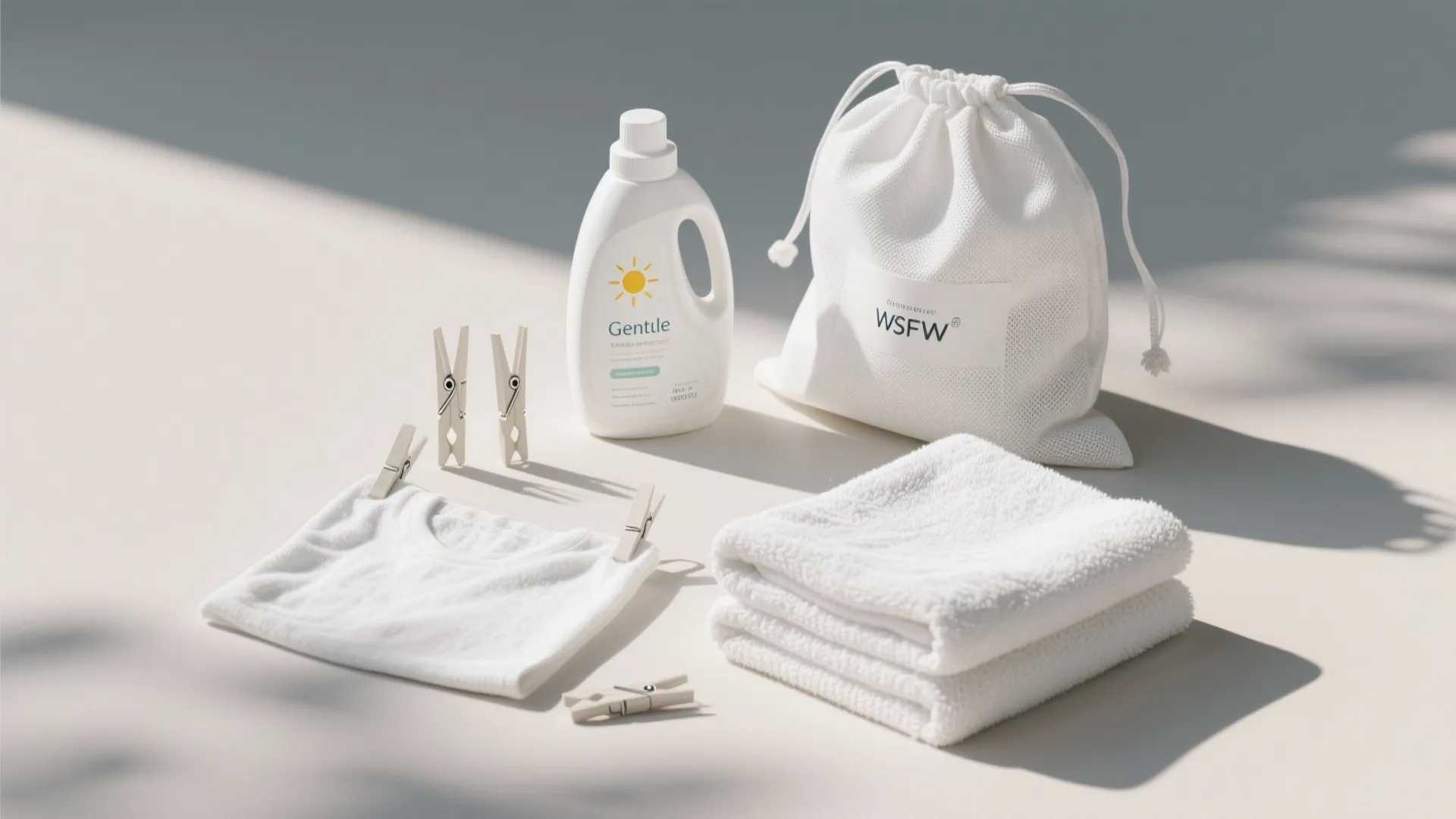 Flatlay of laundry care items and white towels for textile maintenance tips