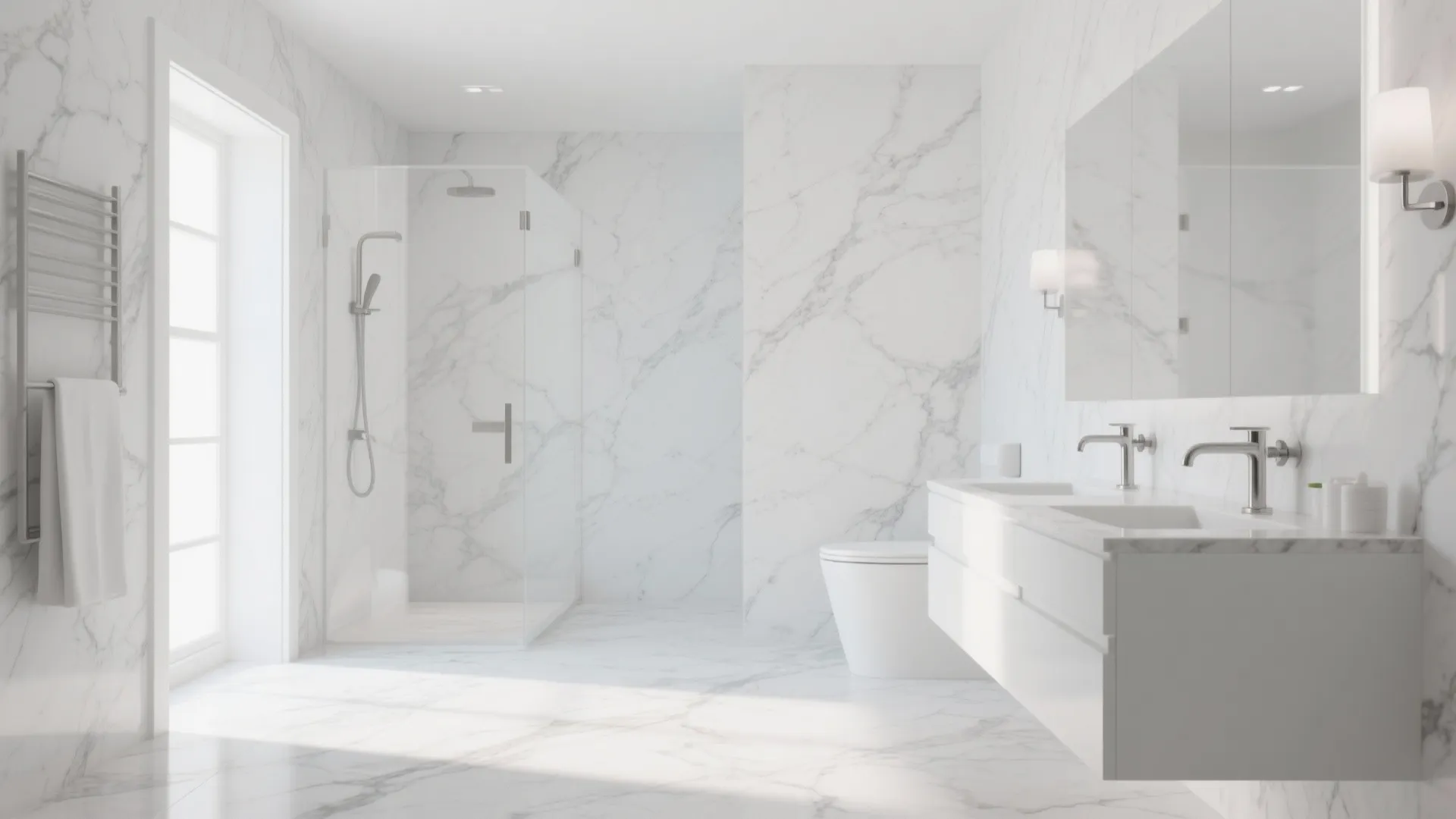 Modern white marble bathroom featuring glass shower cabin toilet double sink vanity and bright natural light